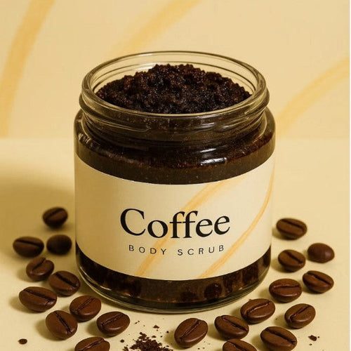 Jar of coffee body scrub with coffee beans on a beige background