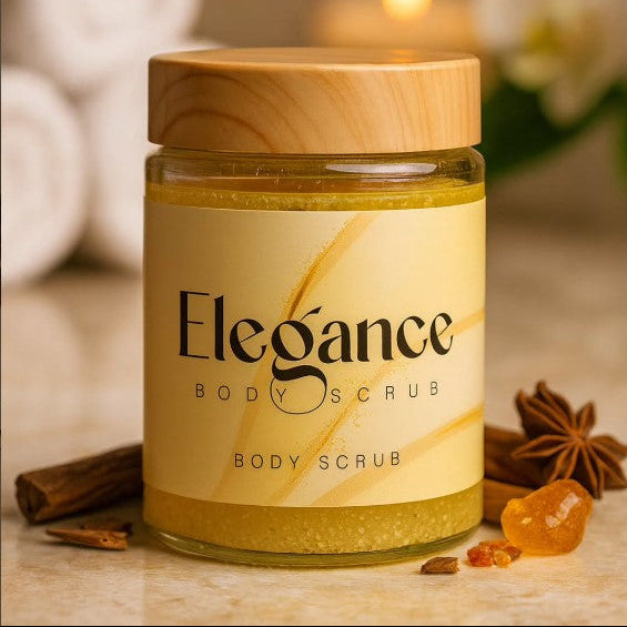 Jar of Elegance Body Scrub with wooden lid on a blurred background
