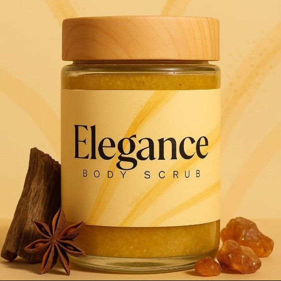 Jar of 'Elegance Body Scrub' with wooden lid on a beige background, featuring the brand 'Terra'.