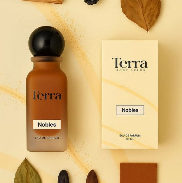 Terra Nobles eau de parfum bottle and packaging on a beige background with natural elements.