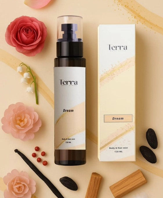 Terra Dream body & hair mist with packaging on a decorative background with flowers and natural elements.