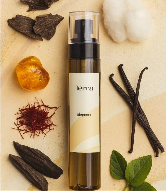 Terra product with vanilla beans, saffron, and other spices on a beige background