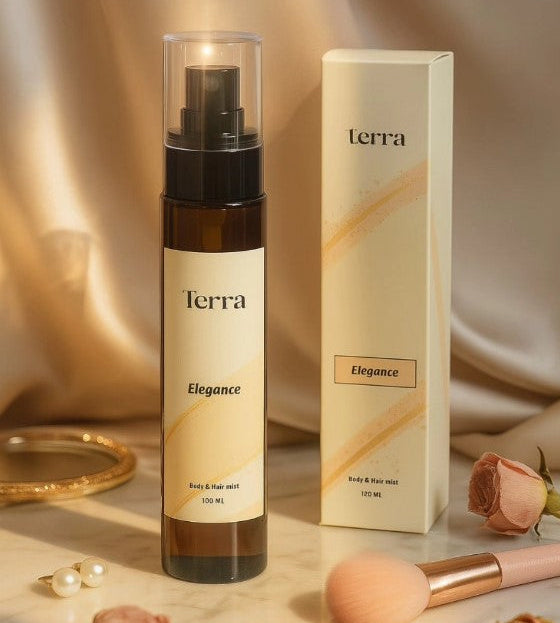 Terra Elegance body & face mist with packaging on a soft beige background