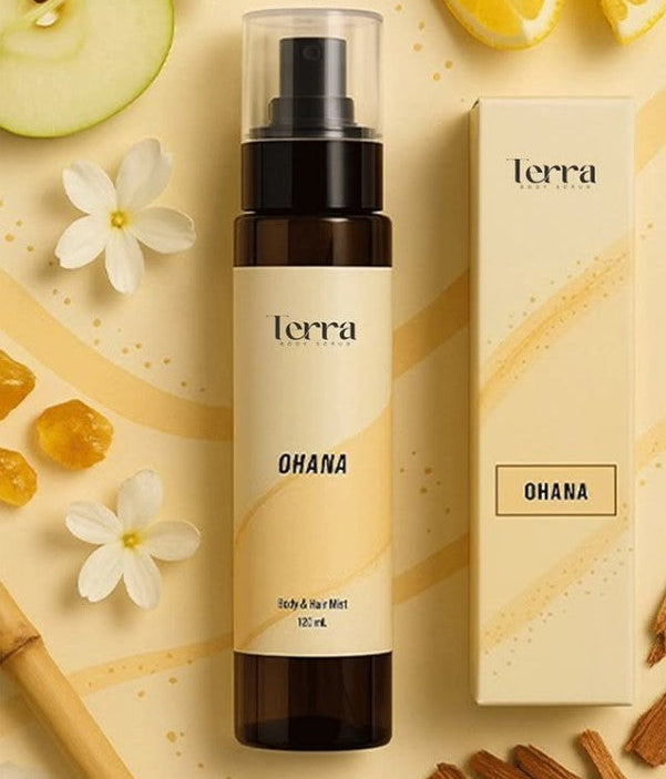 Terra OHANA product bottle and box with natural elements on a light background