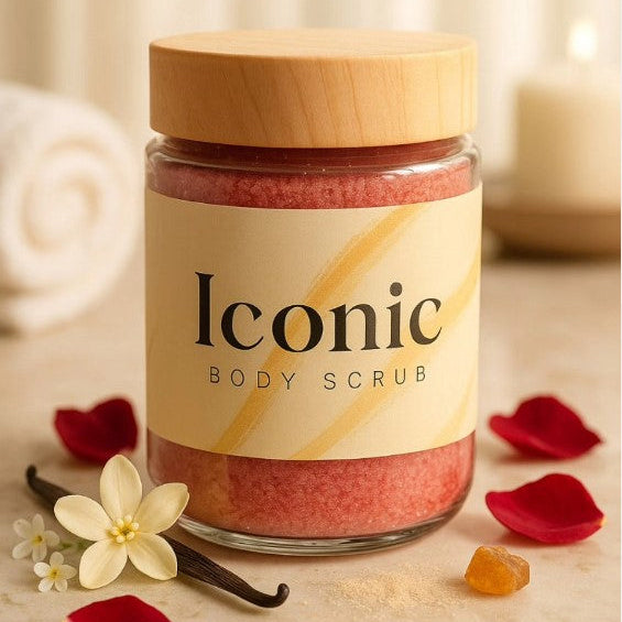 Jar of 'Iconic' body scrub with wooden lid on a neutral background with flowers and petals.